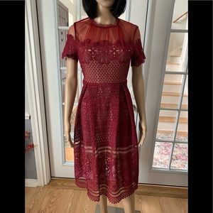 Embroidered Dress, Free Generation Los Angeles, Maroon/Nude, Size M